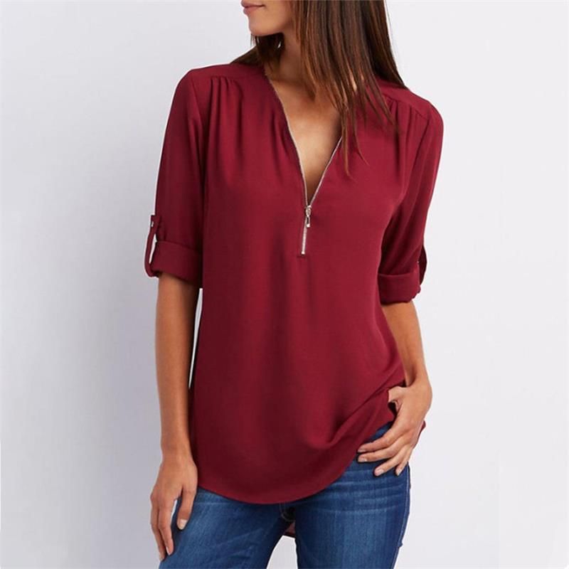 Women's V-neck Zipper Plus Size Long-sleeved Chiffon Shirt??Buy 2 Automatic 10% Off??
