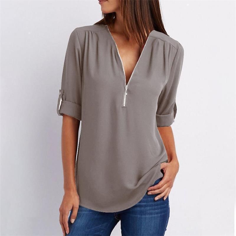Women's V-neck Zipper Plus Size Long-sleeved Chiffon Shirt??Buy 2 Automatic 10% Off??