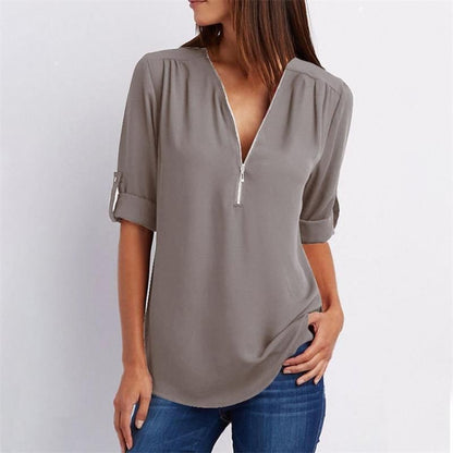 Women's V-neck Zipper Plus Size Long-sleeved Chiffon Shirt??Buy 2 Automatic 10% Off??