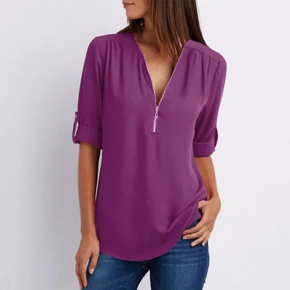 Women's V-neck Zipper Plus Size Long-sleeved Chiffon Shirt??Buy 2 Automatic 10% Off??