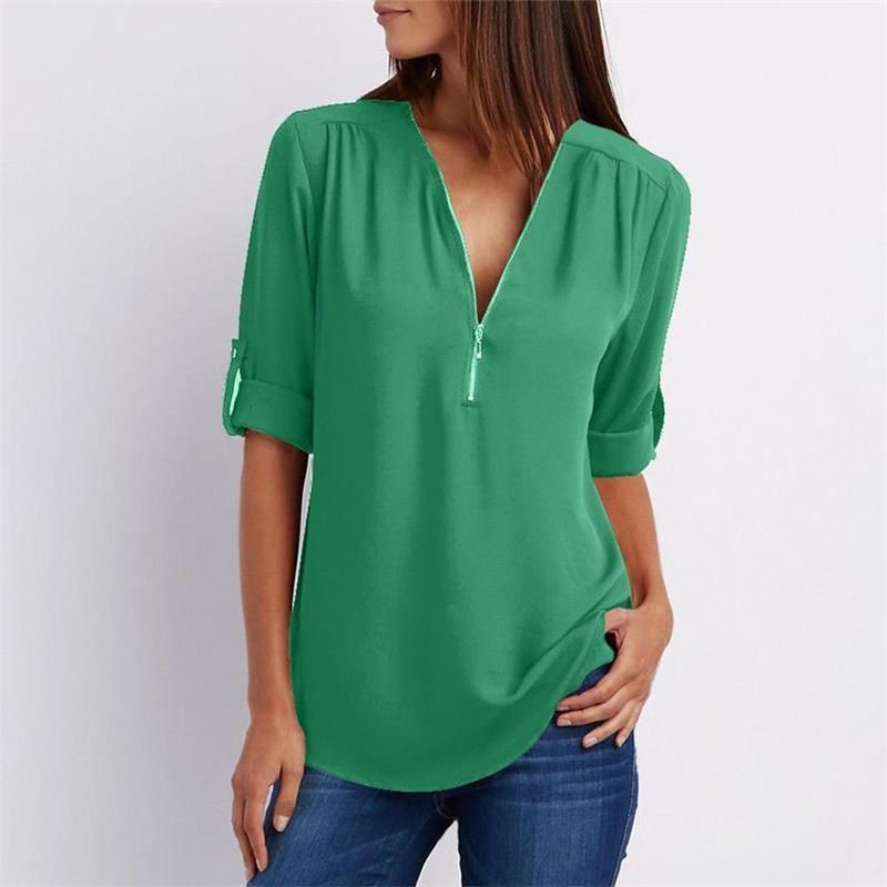 Women's V-neck Zipper Plus Size Long-sleeved Chiffon Shirt??Buy 2 Automatic 10% Off??
