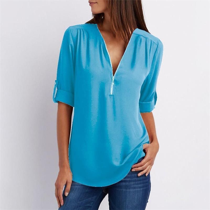 Women's V-neck Zipper Plus Size Long-sleeved Chiffon Shirt??Buy 2 Automatic 10% Off??