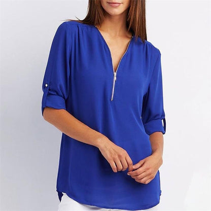 Women's V-neck Zipper Plus Size Long-sleeved Chiffon Shirt??Buy 2 Automatic 10% Off??