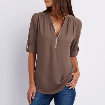 Women's V-neck Zipper Plus Size Long-sleeved Chiffon Shirt??Buy 2 Automatic 10% Off??