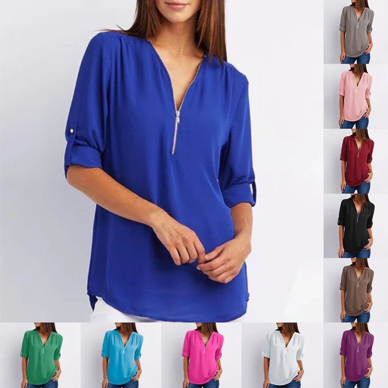 Women's V-neck Zipper Plus Size Long-sleeved Chiffon Shirt??Buy 2 Automatic 10% Off??