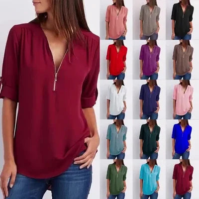 Women's V-neck Zipper Plus Size Long-sleeved Chiffon Shirt??Buy 2 Automatic 10% Off??