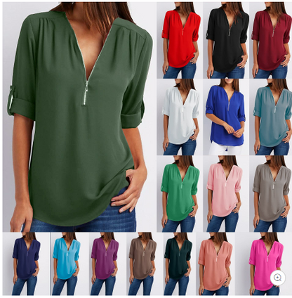 Women's V-neck Zipper Plus Size Long-sleeved Chiffon Shirt??Buy 2 Automatic 10% Off??