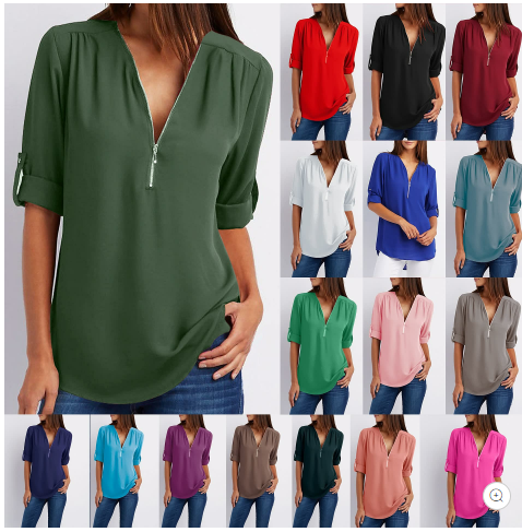 Women's V-neck Zipper Plus Size Long-sleeved Chiffon Shirt??Buy 2 Automatic 10% Off??