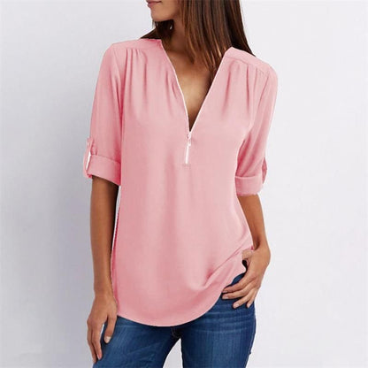 Women's V-neck Zipper Plus Size Long-sleeved Chiffon Shirt??Buy 2 Automatic 10% Off??