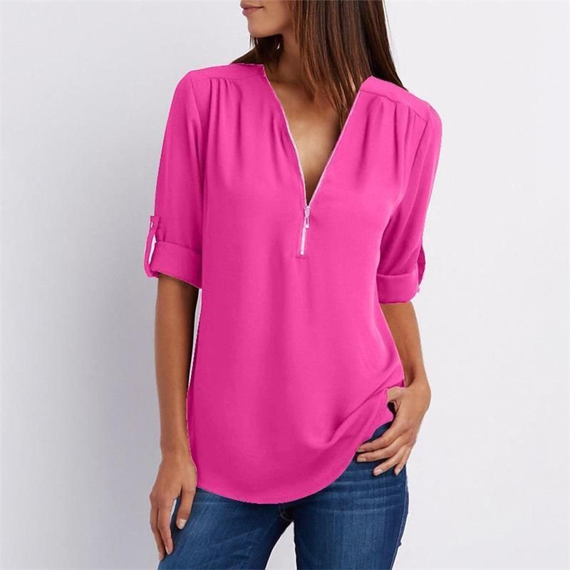 Women's V-neck Zipper Plus Size Long-sleeved Chiffon Shirt??Buy 2 Automatic 10% Off??