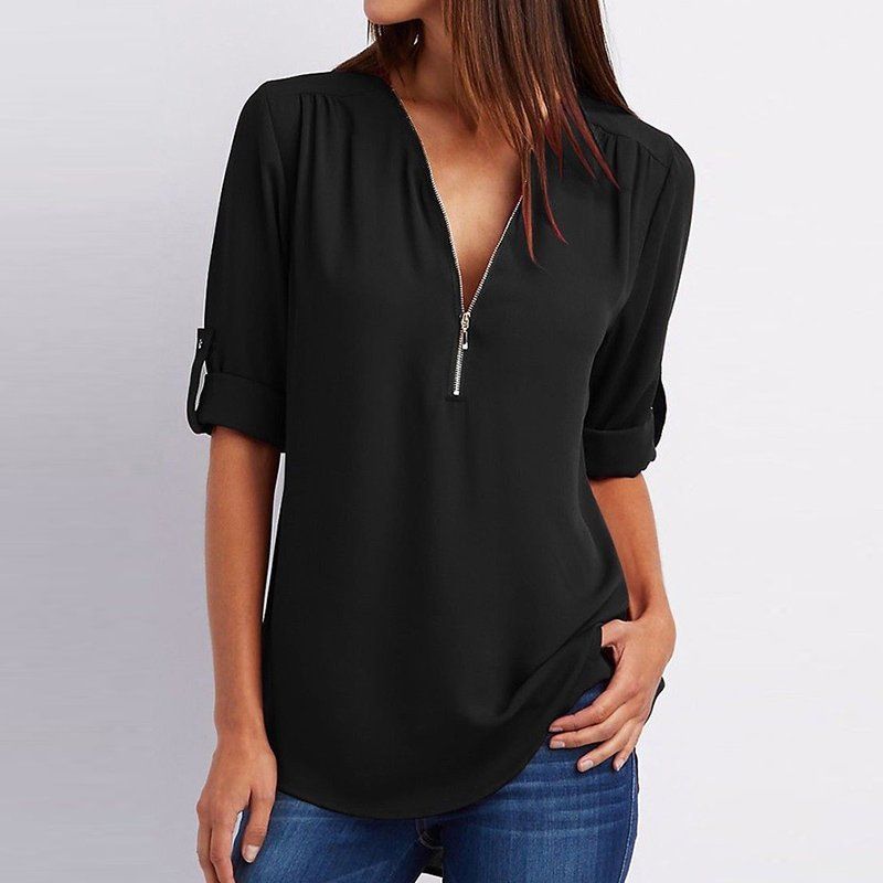 Women's V-neck Zipper Plus Size Long-sleeved Chiffon Shirt??Buy 2 Automatic 10% Off??