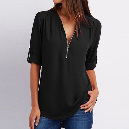 Women's V-neck Zipper Plus Size Long-sleeved Chiffon Shirt??Buy 2 Automatic 10% Off??
