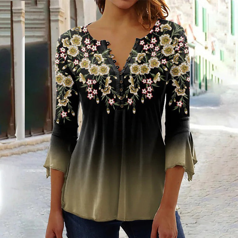 Women Elegant Floral Print V-Neck Top