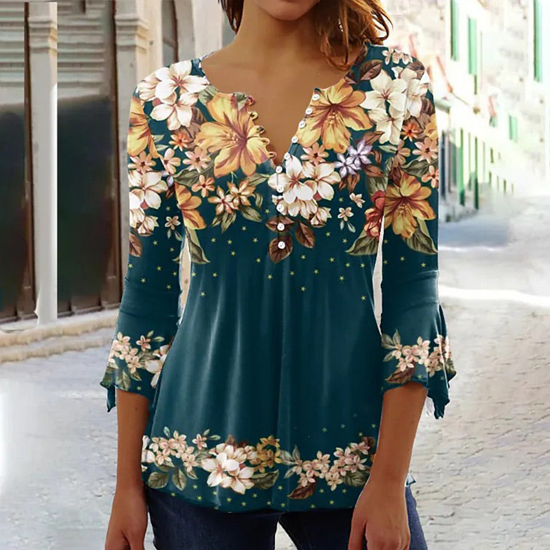Women Elegant Floral Print V-Neck Top